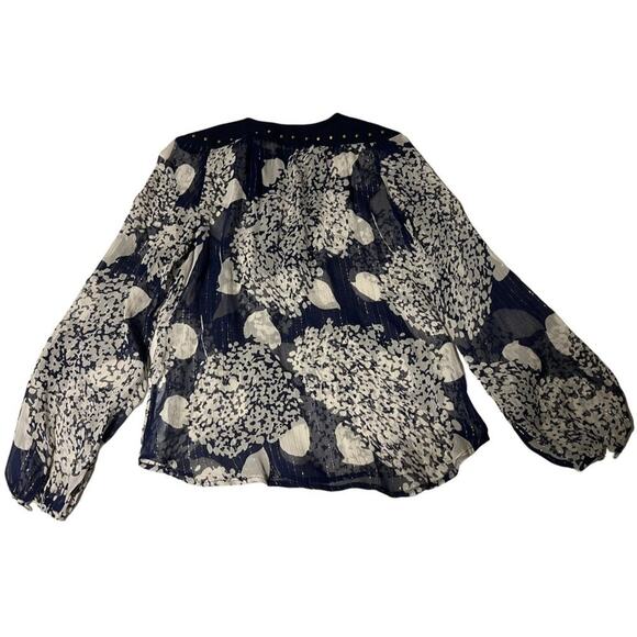 Zara Mulberry Silk Navy/Ecru Long Sleeve Blouse with Studs Women's Size Medium N - Picture 11 of 16